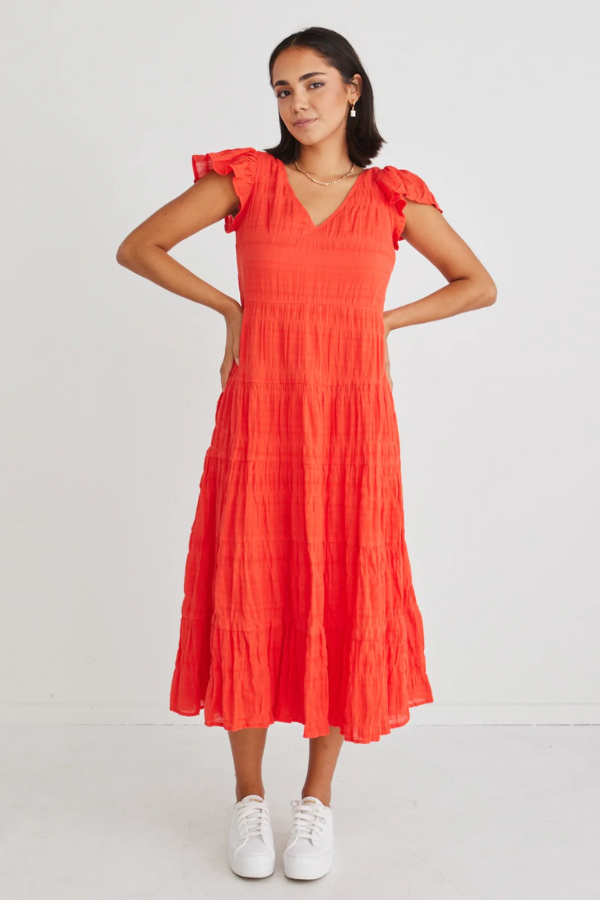 Ivy + Jack Marley Sunset Shirred Cotton Sleevless V-Neck Tiered Maxi Dress - RED