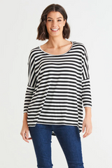 Betty Basics Milan 3/4 Sleeve Top - BLACK/WHITE Stripe
