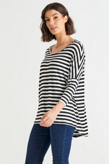 Betty Basics Milan 3/4 Sleeve Top - BLACK/WHITE Stripe