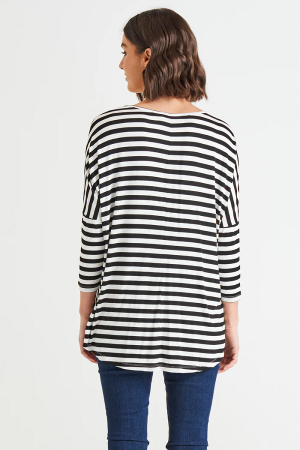 Betty Basics Milan 3/4 Sleeve Top - BLACK/WHITE Stripe