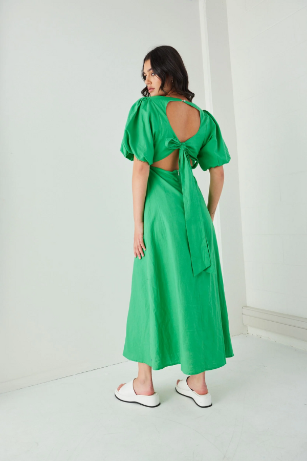 Among The Brave Meadow Green Linen Midi Dress