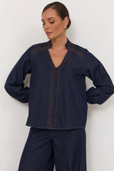 Adorne Vivi Lightweight Denim Top - Dark Denim