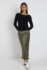 Ivy & Jack Rosette Satin Bias Midi Skirt - Khaki