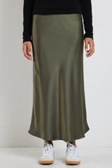 Ivy & Jack Rosette Satin Bias Midi Skirt - Khaki