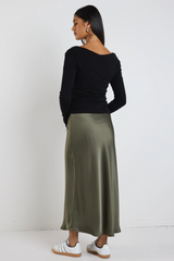 Ivy & Jack Rosette Satin Bias Midi Skirt - Khaki