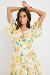 By Rosa Fluent Crinkle Flutter Sleeve Maxi Dress - Honey Floral