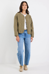 Stories Be Told Apex Collarless Quilted Puffer Jacket - Olive