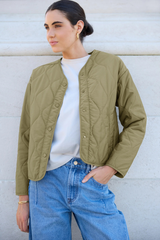 Stories Be Told Apex Collarless Quilted Puffer Jacket - Olive