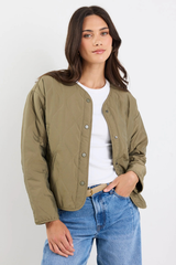 Stories Be Told Apex Collarless Quilted Puffer Jacket - Olive