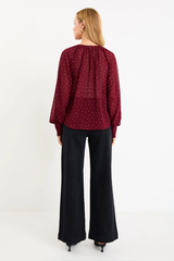 Stories Be Told Cosmopolitan Polka Dot Crew Neck Floaty LS Top - Burgundy