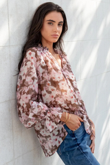 Among The Brave Odyssey Shirred Neck LS Top - Blush Choc Floral