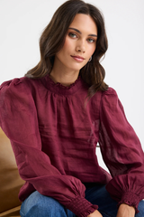 By Rosa Poet Sheer LS High Neck Top - Burgundy Plum