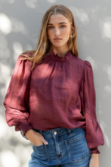 By Rosa Poet Sheer LS High Neck Top - Burgundy Plum