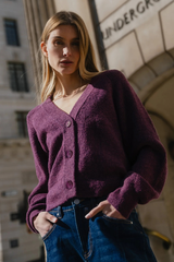 Stories Be told - Essence Plum V Neck Rib Knit Cardigan - Plum