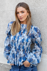 Among The Brave Required Floral LS Shirred Bodice Top - Sky Blue
