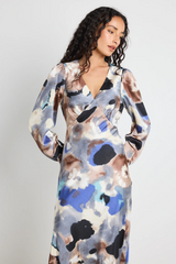 Among The Brave Phoenix Satin Balloon Sleeve Midi Dress - Navy Multi Watercolour