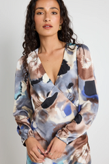 Among The Brave Phoenix Satin Balloon Sleeve Midi Dress - Navy Multi Watercolour