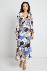 Among The Brave Phoenix Satin Balloon Sleeve Midi Dress - Navy Multi Watercolour