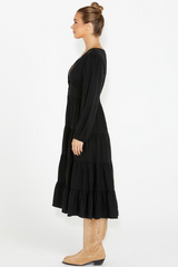 Ivy & Jack Dreamy Bubble SS Button Front tiered Maxi Dress - Black