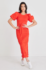Jade Blood Orange Shirred Puff Sleeve Maxi Dress