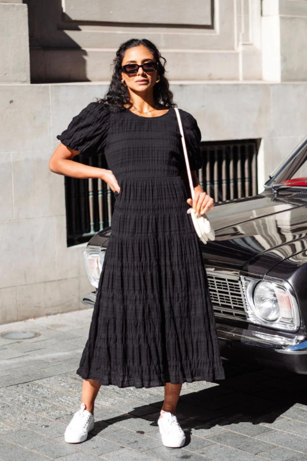 Ivy & Jack Graceful Shirred Cotton Bubble Sleeve Tiered Maxi Dress - Black