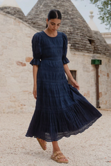 Ivy & Jack Gratitude Bubble Sleeve SS Tiered Maxi Dress - Navy