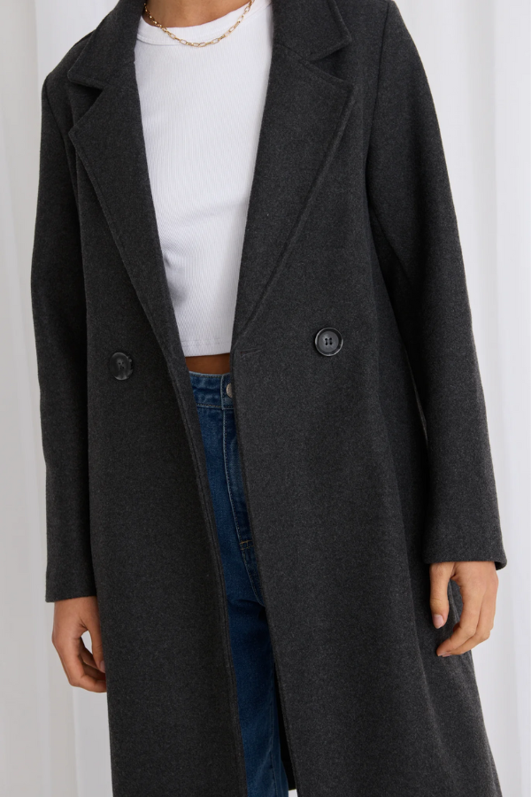 Stories Be Told Hideaway Fitted Double Breasted Coat - Charcoal