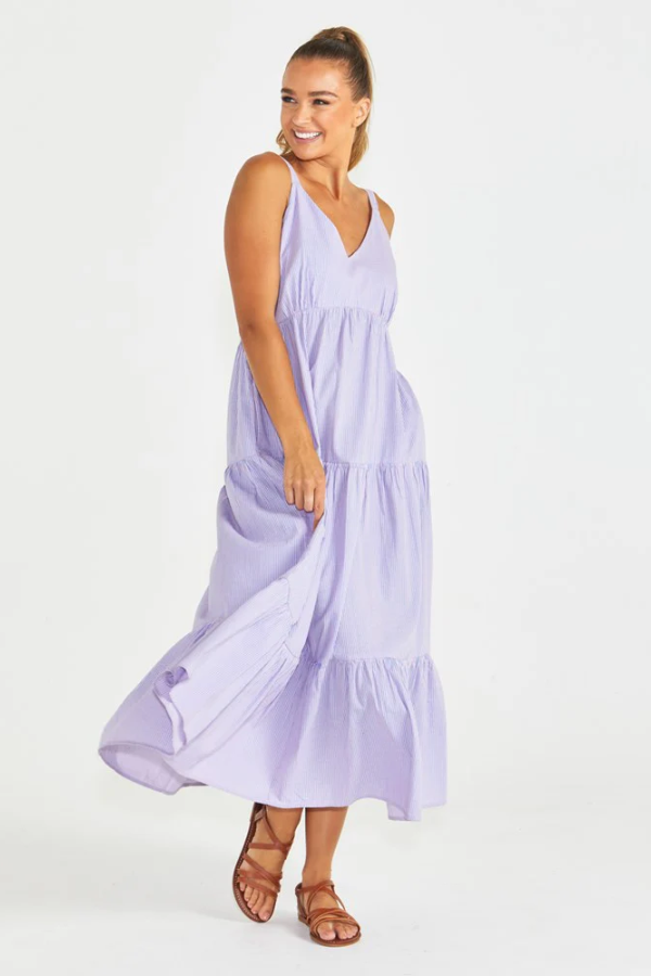 Sass Phillipa Tiered Maxi Dress - Blue/Pink Stripe