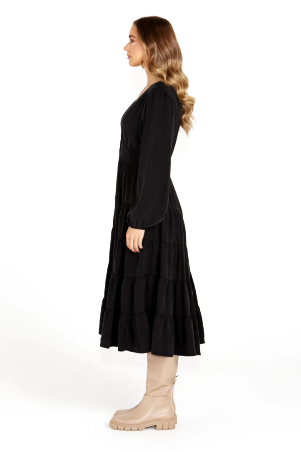 Sass Charity Tiered Midi Dress - BLACK