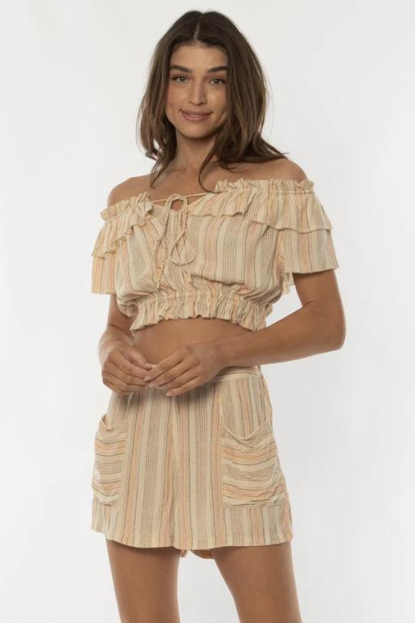 Amuse Sierra Off Shoulder Woven Stripe Top - WHEAT