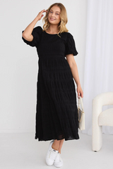 Ivy & Jack Graceful Shirred Cotton Bubble Sleeve Tiered Maxi Dress - Black