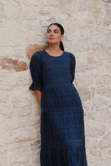 Ivy & Jack Gratitude Bubble Sleeve SS Tiered Maxi Dress - Navy