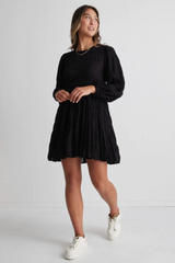 Bella Black Shirred Cotton LS Tierred Mini Dress