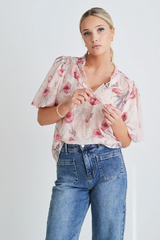 Ivy + Jack Promised Poppy Floral Bubble Sleeve SS Top - RED