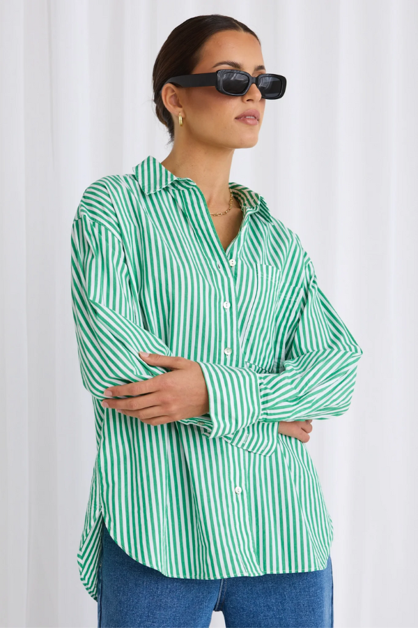Stories Be Told You Got This Oversized Poplin Shirt - Green Stripe