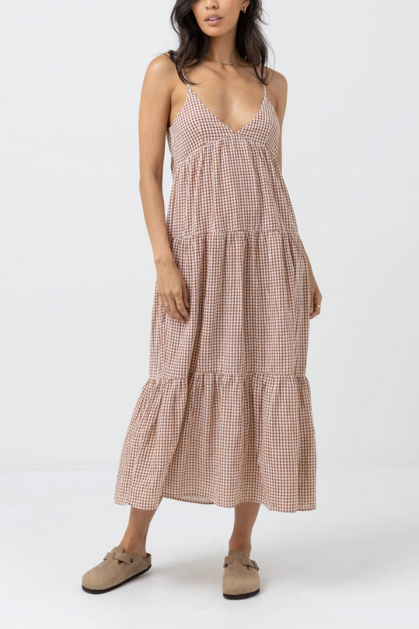 Rhythm Lola Check Tired Midi Dress - CLAY