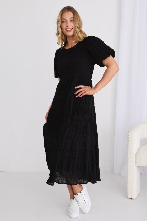 Ivy & Jack Graceful Shirred Cotton Bubble Sleeve Tiered Maxi Dress - Black