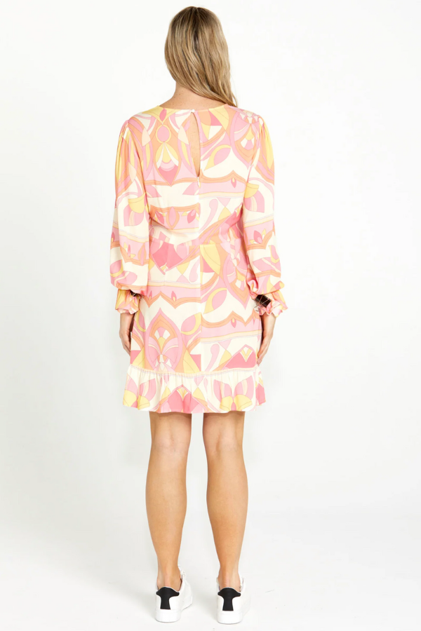 Sass Vivienne Frill Hem Mini Dress - Pink Geo