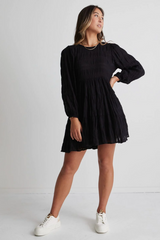 Bella Black Shirred Cotton LS Tierred Mini Dress