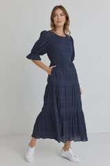 Ivy & Jack Gratitude Bubble Sleeve SS Tiered Maxi Dress - Navy