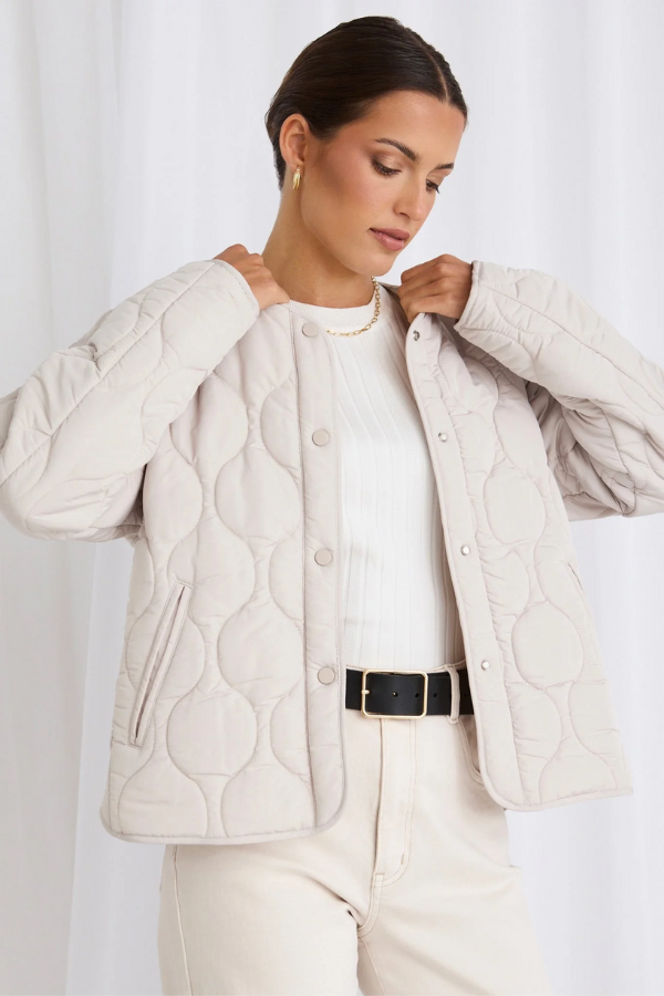 Stories Be Told Apex Collarless Puffer Jacket Putty Embellish Home Resort