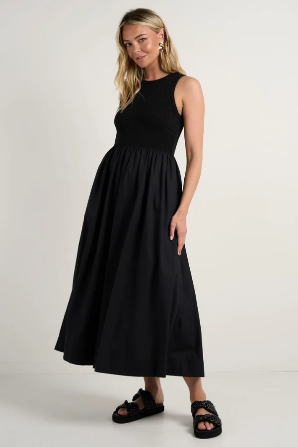 ReUnion Label Indispensable Black Crew Neck Contrast Midi Dress - Black