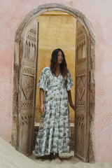 Florencia Abacus Flutter Sleeve Maxi Dress - Khaki Palm