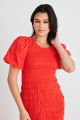 Jade Blood Orange Shirred Puff Sleeve Maxi Dress