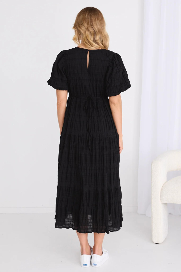 Ivy & Jack Graceful Shirred Cotton Bubble Sleeve Tiered Maxi Dress - Black