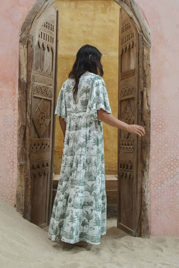 Florencia Abacus Flutter Sleeve Maxi Dress - Khaki Palm