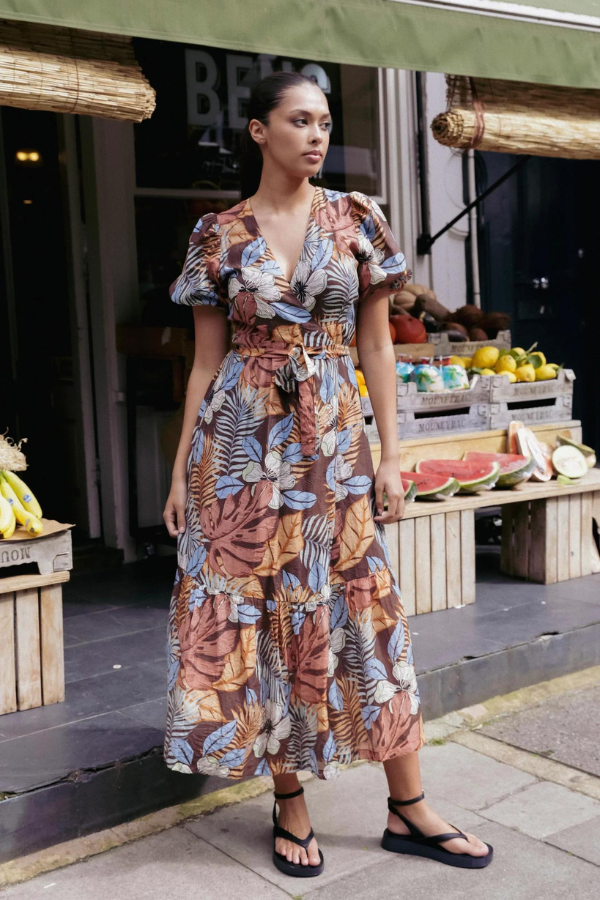 Among The Brave Ocean SS Wrap Midi Dress - Tropical Chocolate Print