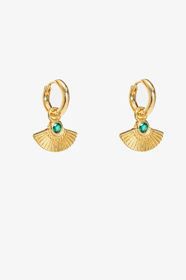 Antler Gold Fan Huggie Earring - Emerald