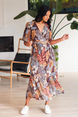 Among The Brave Ocean SS Wrap Midi Dress - Tropical Chocolate Print