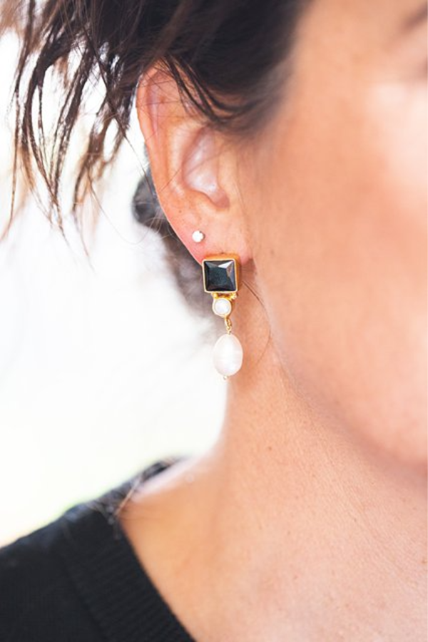 Antler Crystal Pearl Drop Earrings - Black